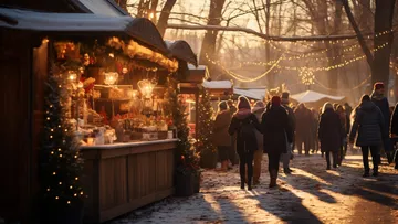 Weihnachtsmarkt im Freien mit festlichen Lichtern und Menschen.