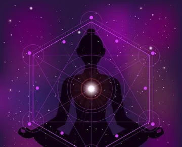 Meditierende Silhouette mit geometrischen Mustern und Sternen.
