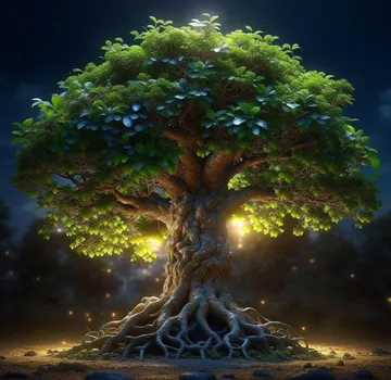 Fantasy tree glowing at night in forest