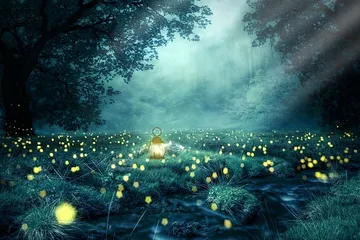 Glowing fireflies in a mystical forest landscape.