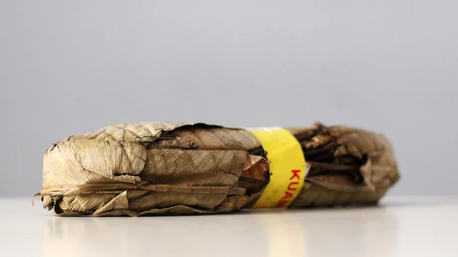 Rolled tobacco leaf bundle on white surface.