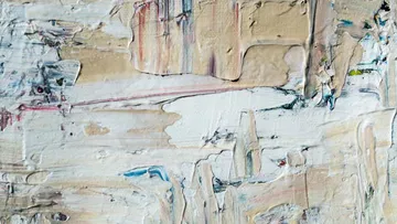 Abstract painting with textured beige and white layers.