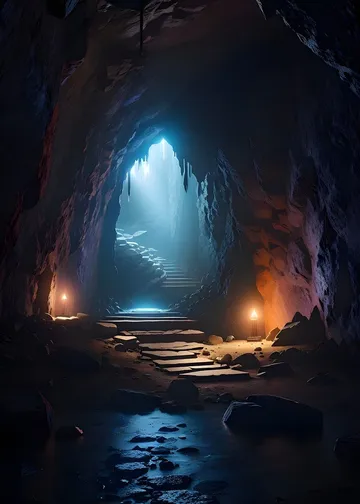 Illuminated cave stairway with glowing torches