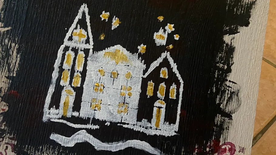 Simple painting of houses with stars.