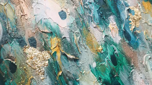 Abstract painting with teal, gold, and white textures.