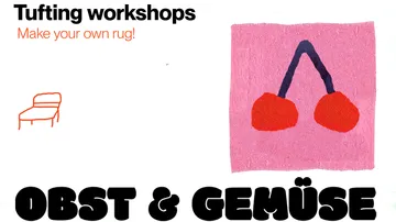 Rosafarbener Teppich mit rotem Kirschendesign, Werbung für einen Tufting-Workshop.