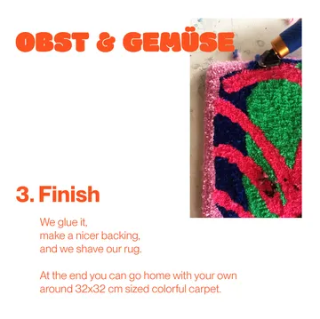 Colorful carpet with text instructions in orange.