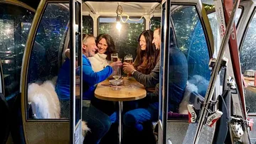 Four people drinking in gondola, night view