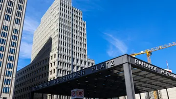 Potsdamer Platz train station entrance with skyscraper.