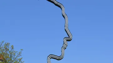 Silhouette sculpture of face under clear sky.