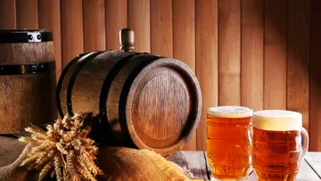 Wooden barrel with two beer mugs and wheat.
