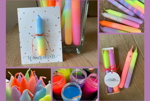 Colorful dipped candles in various settings.