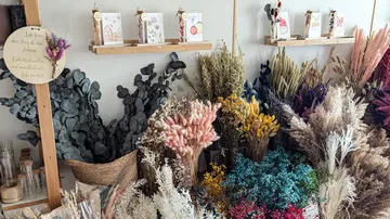 Dried flowers and greeting cards displayed indoors.