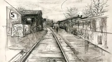 Sketch of a street with buildings and a path
