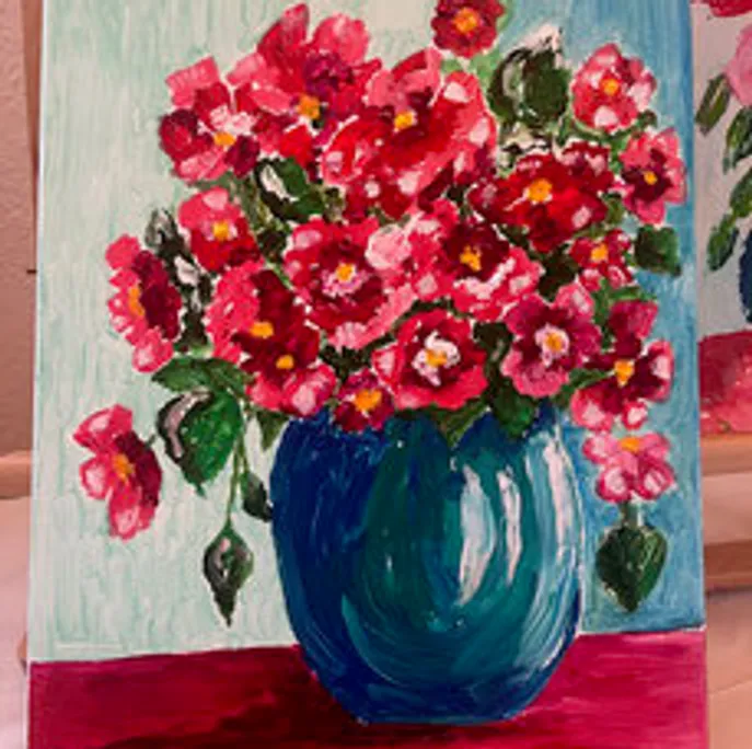 Red flowers in blue vase painting.