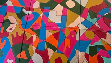 Colorful abstract geometric painting with bold shapes