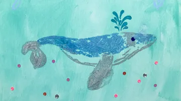 Whale illustration with colorful dots on aqua background.