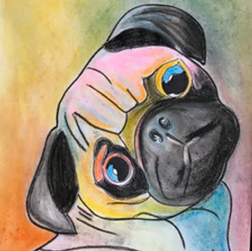 Bunte Mops-Illustration mit geneigtem Kopf.