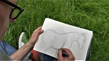 Person, die ein Pferd auf Papier im Gras skizziert.