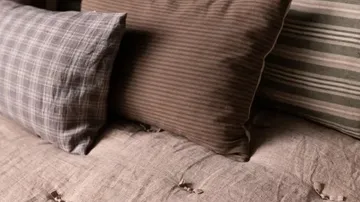 Drei Kissen mit gemusterten Bezügen auf einem Sofa.