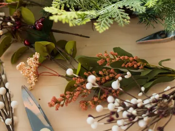 Green plants and flowers are on a table.
