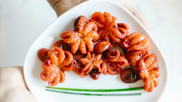 Cooked octopus served on a white plate.