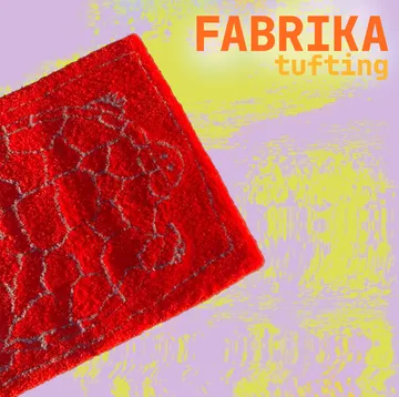 Red textured rug with abstract design, yellow background.