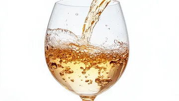 White wine pouring into glass, white background.