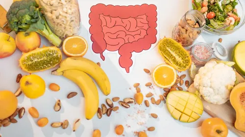 Healthy foods surrounding intestine diagram.