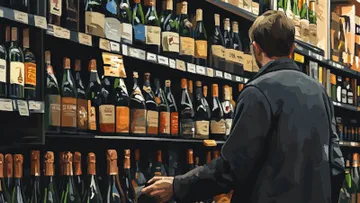 Person, die Wein aus den Regalen im Geschäft auswählt.