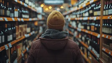 Person im Mantel, die Wein im Ladengang durchsucht.