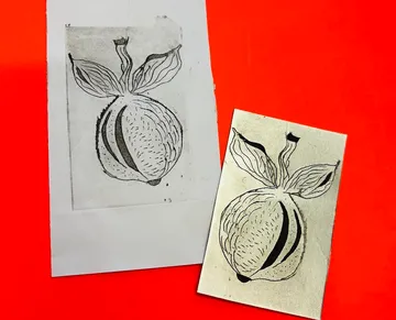 Zwei schwarz-weiße Nuss-Illustrationen auf orangem Hintergrund.