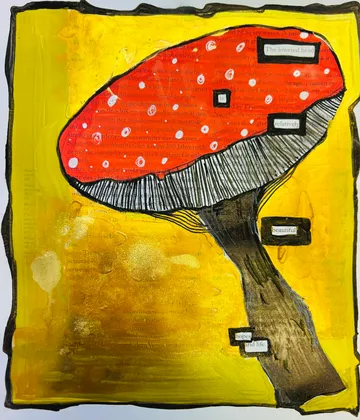 Illustrierter roter Pilz auf gelbem Hintergrund.