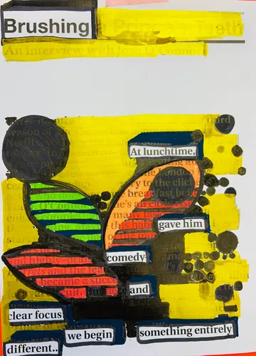 Collage with text: 'Brushing', colorful shapes, words highlighted.