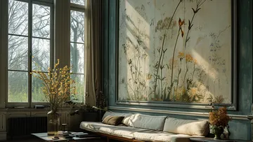 Elegantes Wohnzimmer mit großem botanischen Wandgemälde.