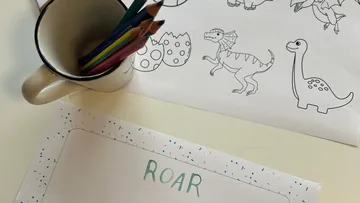 Coloring page with dinosaurs and pencils.