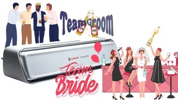 Zeichentrickgruppen feiern mit den Texten „Team Goom“ und „Team Bride“.