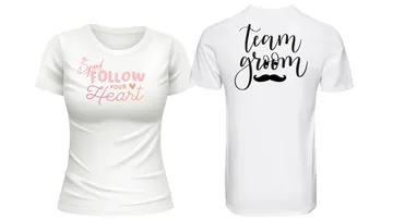 Zwei Shirts mit Textmotiven zum Thema Hochzeit.