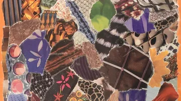 Bunte Collage aus zerrissenen Papierstrukturen und Mustern.