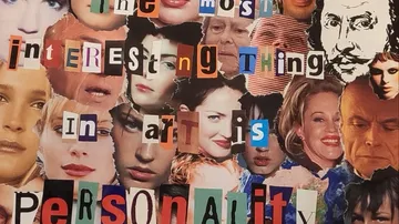 Collage aus Promi-Gesichtern und Buchstaben mit gemischtem Text.