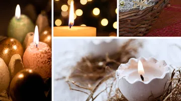 Various decorative candles in festive settings.