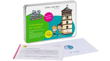 Dose und Heft für die Düsseldorfer Schnitzeljagd.