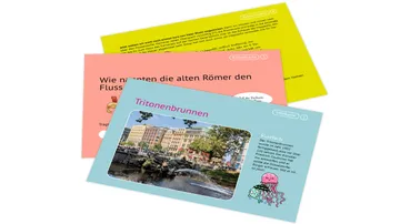 Three colorful educational cards with German text, illustrating Roman history.