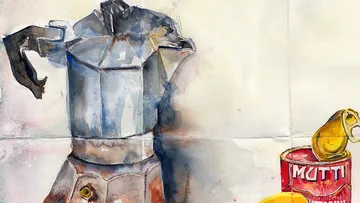 Watercolor of stovetop coffee pot and Mutti can.