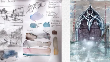 Sketches and watercolor palette on left; arched door on right.