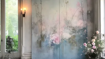 Großes Blumengemälde neben Fenster und Blumen.