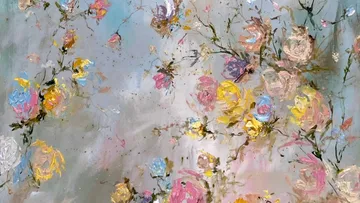 Buntes abstraktes Blumengemälde mit Pastelltönen.