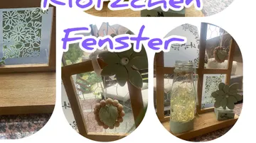 Geschmücktes Fenster mit Blumenmustern und Lichterketten.