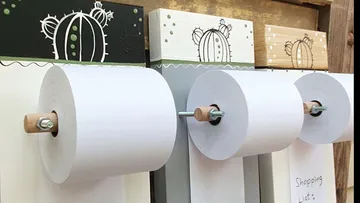 Wall-mounted paper roll holders with cactus drawings.