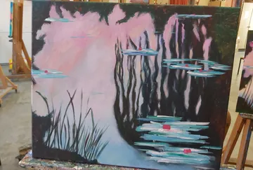 Abstract painting of water lilies and reeds.